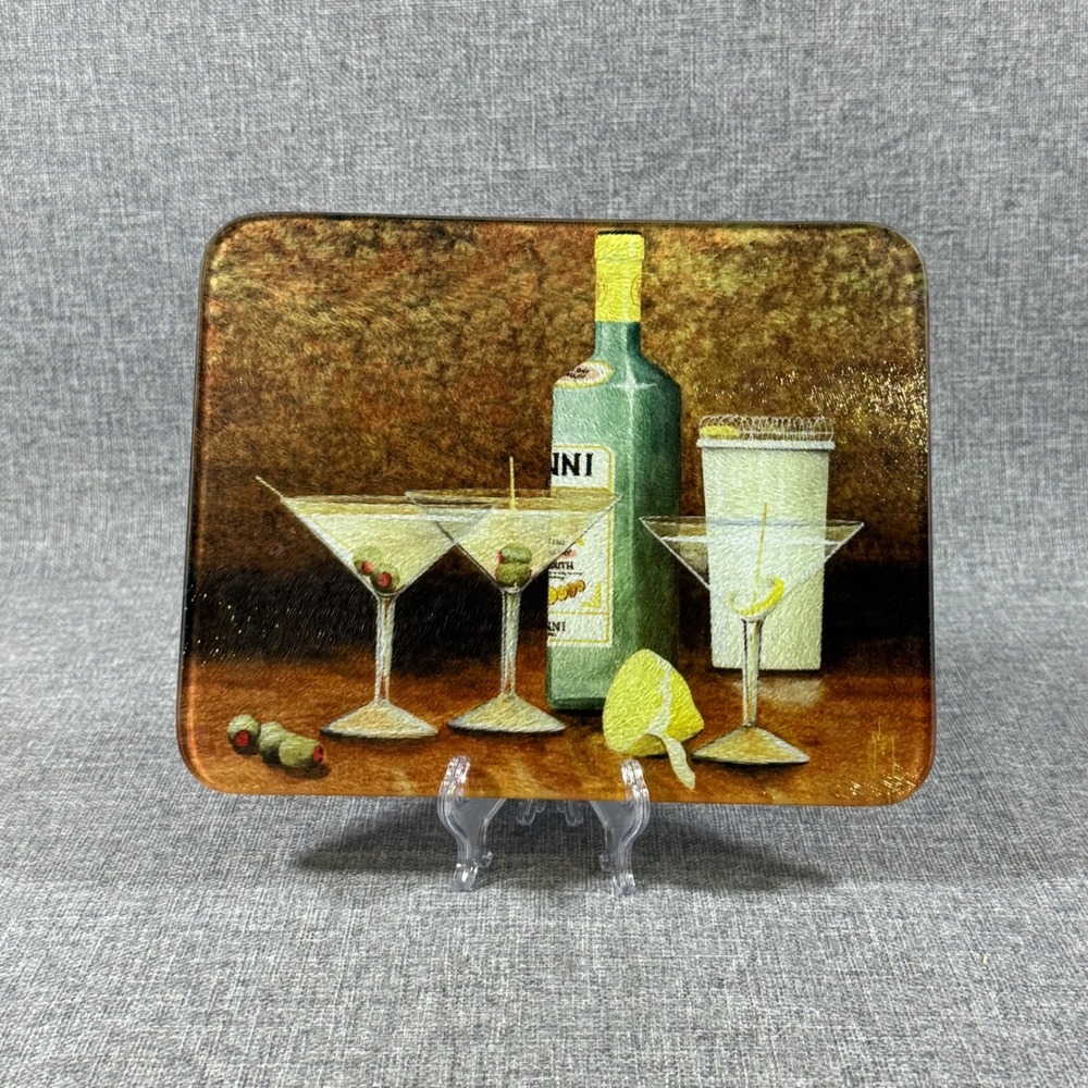 VTG Martini Glass Olive Tempered Glass Cutting Board 10x8" MCM Barware Art Retro